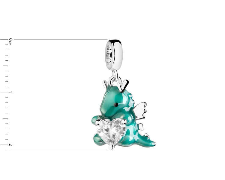 Zawieszka srebrna beads z cyrkoniami i emalią - smok, serce