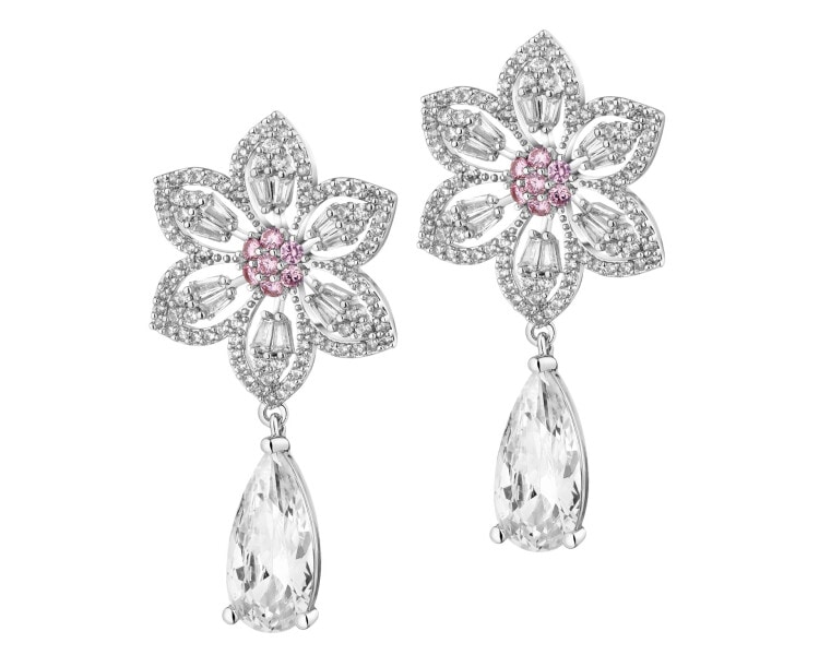 Rhodium-Plated Brass, Rhodium-Plated Silver Dangling Earring with Cubic Zirconia