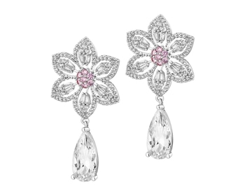 Rhodium-Plated Brass, Rhodium-Plated Silver Dangling Earring with Cubic Zirconia