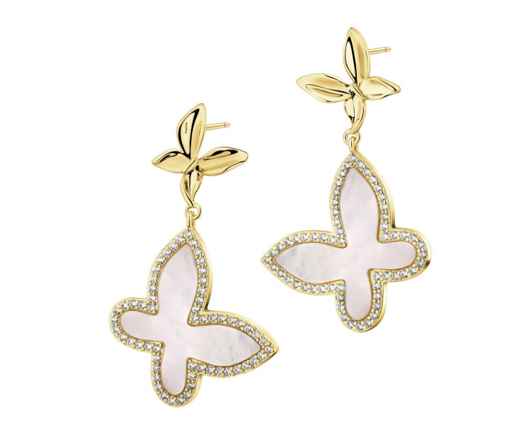 Gold-Plated Brass, Gold-Plated Silver Dangling Earring with Cubic Zirconia