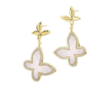 Gold-Plated Brass, Gold-Plated Silver Dangling Earring with Cubic Zirconia