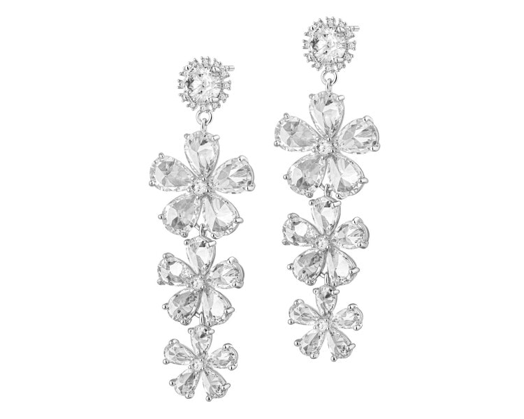 Rhodium-Plated Brass, Rhodium-Plated Silver Dangling Earring with Cubic Zirconia