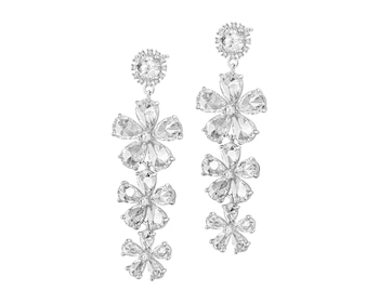 Rhodium-Plated Brass, Rhodium-Plated Silver Dangling Earring with Cubic Zirconia