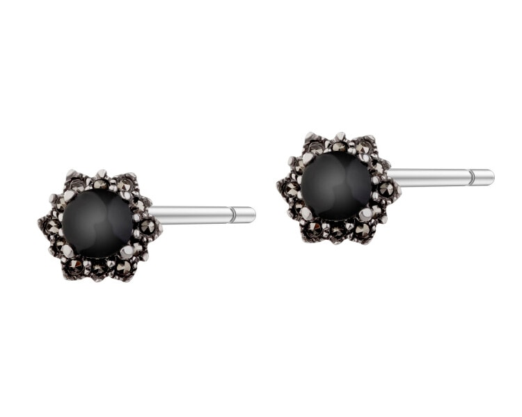 Rhodium Plated Silver Earrings with Onyx