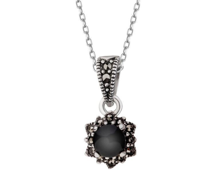 Rhodium Plated Silver Pendant with Onyx