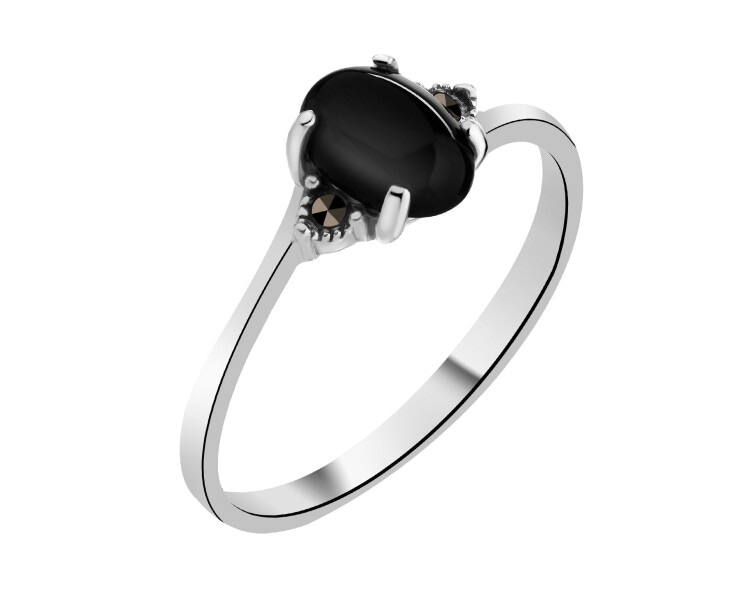 Rhodium Plated Silver Ring with Onyx