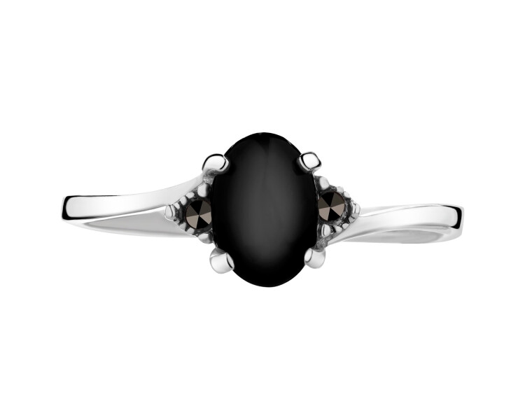 Rhodium Plated Silver Ring with Onyx