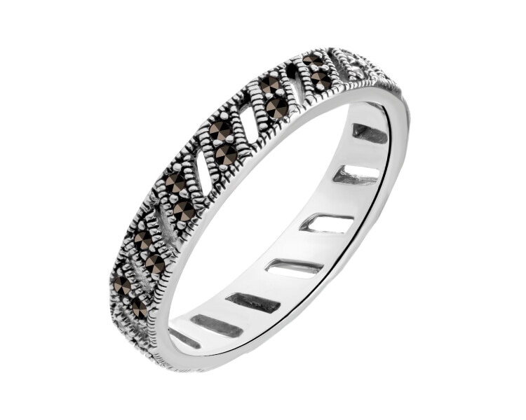 Rhodium Plated Silver Band Ring with Marcasite