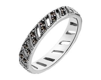 Rhodium Plated Silver Band Ring with Marcasite