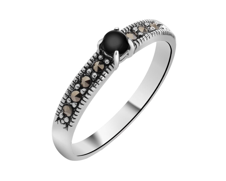 Rhodium Plated Silver Band Ring with Onyx