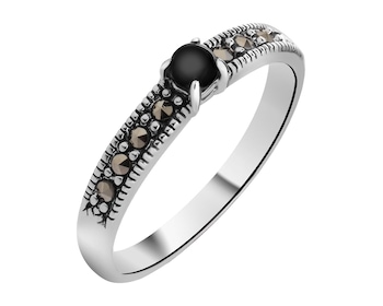 Rhodium Plated Silver Band Ring with Onyx