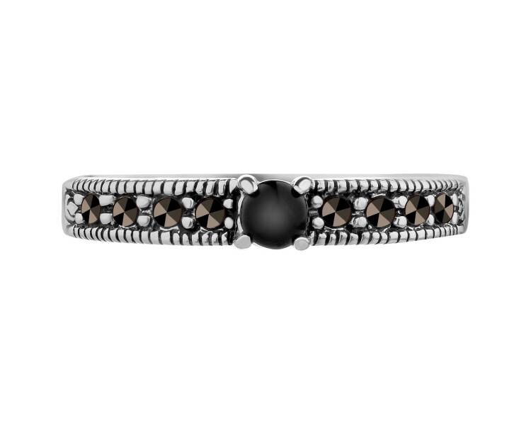 Rhodium Plated Silver Band Ring with Onyx