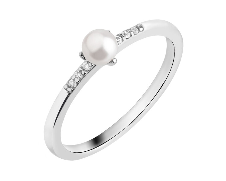 Rhodium Plated Silver Ring with Pearl