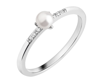 Rhodium Plated Silver Ring with Pearl