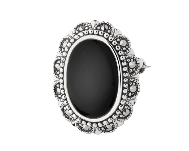 Rhodium Plated Silver Brooch with Onyx