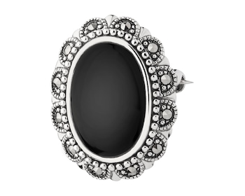 Rhodium Plated Silver Brooch with Onyx