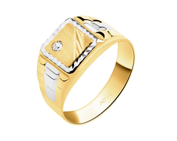 9 K Rhodium-Plated Yellow Gold Signet Ring with Cubic Zirconia