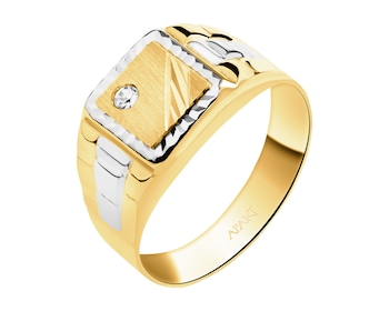 9 K Rhodium-Plated Yellow Gold Signet Ring with Cubic Zirconia