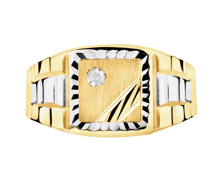 9 K Rhodium-Plated Yellow Gold Signet Ring with Cubic Zirconia