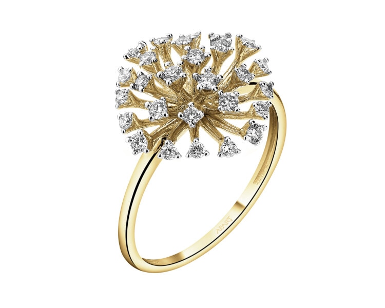 14 K Rhodium-Plated Yellow Gold Ring with Diamonds - 0,34 ct - fineness 14 K