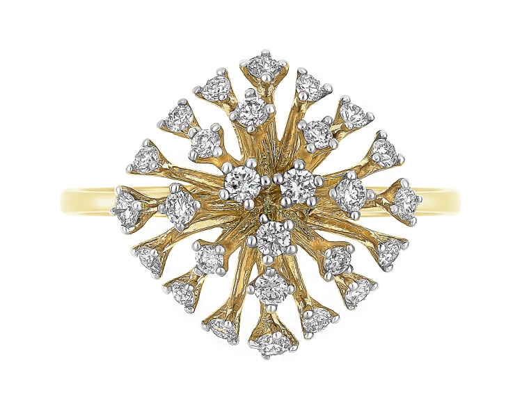 14 K Rhodium-Plated Yellow Gold Ring with Diamonds - 0,34 ct - fineness 14 K