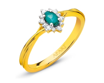 Yellow gold ring with brilliants and emerald - fineness 14 K