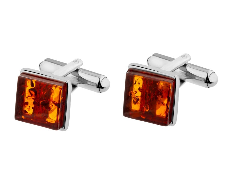 Rhodium Plated Silver Cufflink with Amber