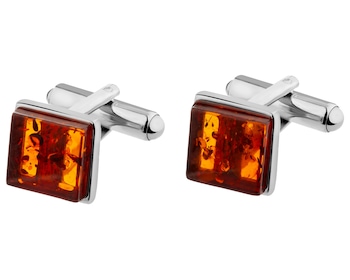 Rhodium Plated Silver Cufflink with Amber