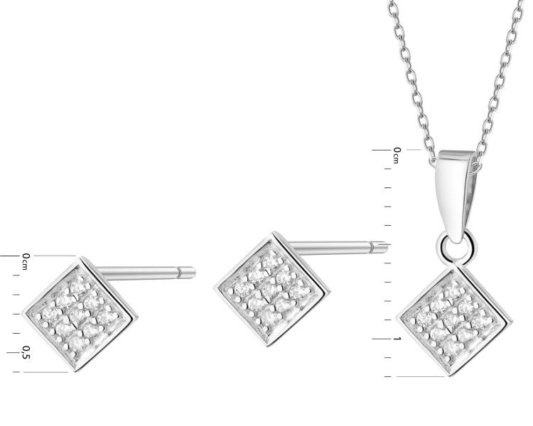 Srebrne kolczyki i zawieszka z cyrkoniami - komplet - kwadraty