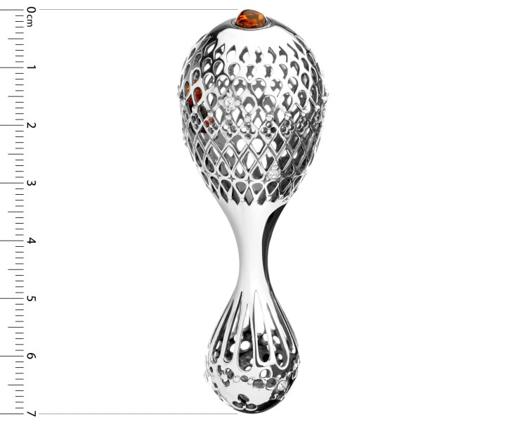 Grzechotka srebrna z cyrkoniami i bursztynem