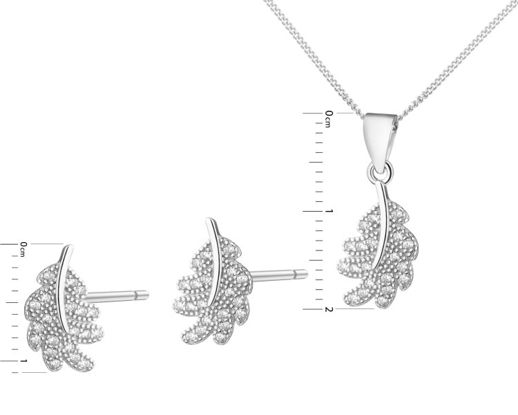 Stříbrné náušnice a přívěsek se zirkony, řetízek - souprava - listy