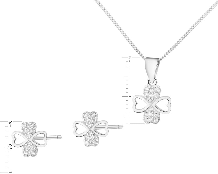 Stříbrné náušnice a přívěsek se zirkony, řetízek - souprava - čtyřlístky
