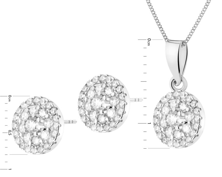 Srebrne kolczyki i zawieszka z cyrkoniami, łańcuszek - komplet - rozeta