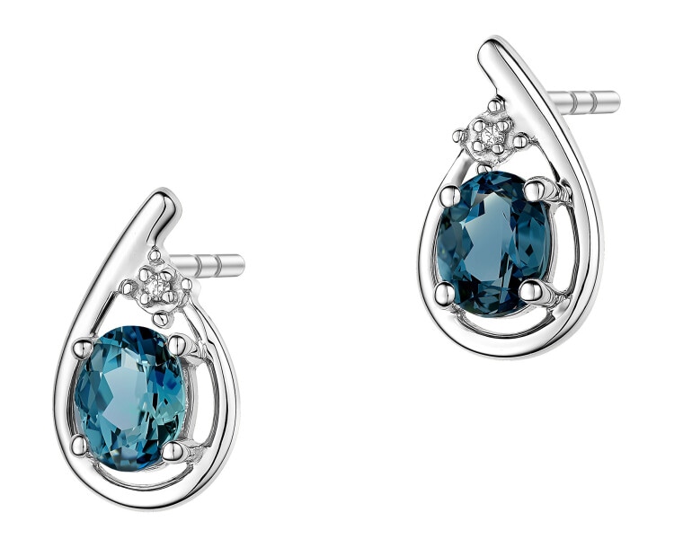 Kolczyki z białego złota z diamentami i topazami London Blue - próba 375