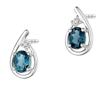 White gold earrings with diamonds and topazes (London Blue) - fineness 9 K