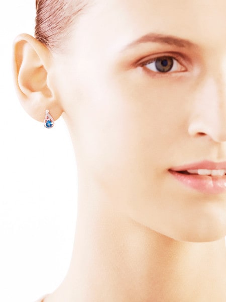 White gold earrings with diamonds and topazes (London Blue) - fineness 9 K
