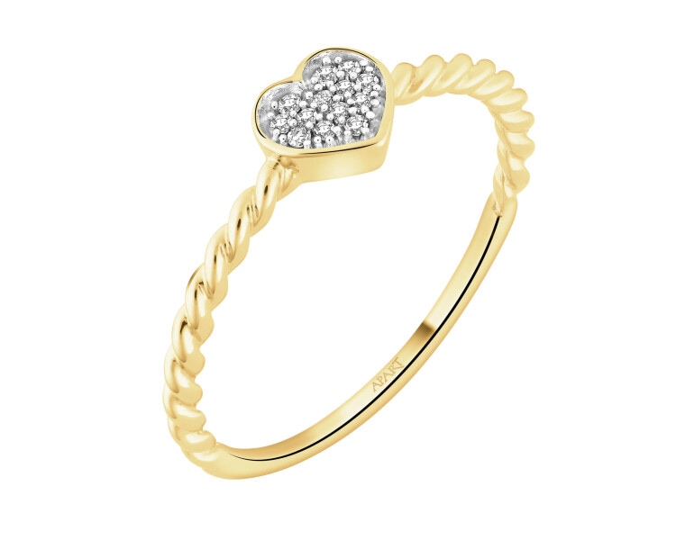 Pierścionek z żółtego złota z diamentami - serce - 0,04 ct - próba 375