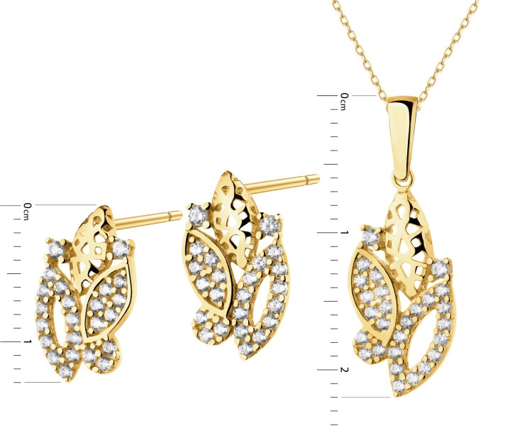 Złote kolczyki i zawieszka z cyrkoniami - komplet - liście