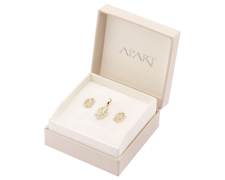 Złote kolczyki i zawieszka z cyrkoniami - komplet - liście