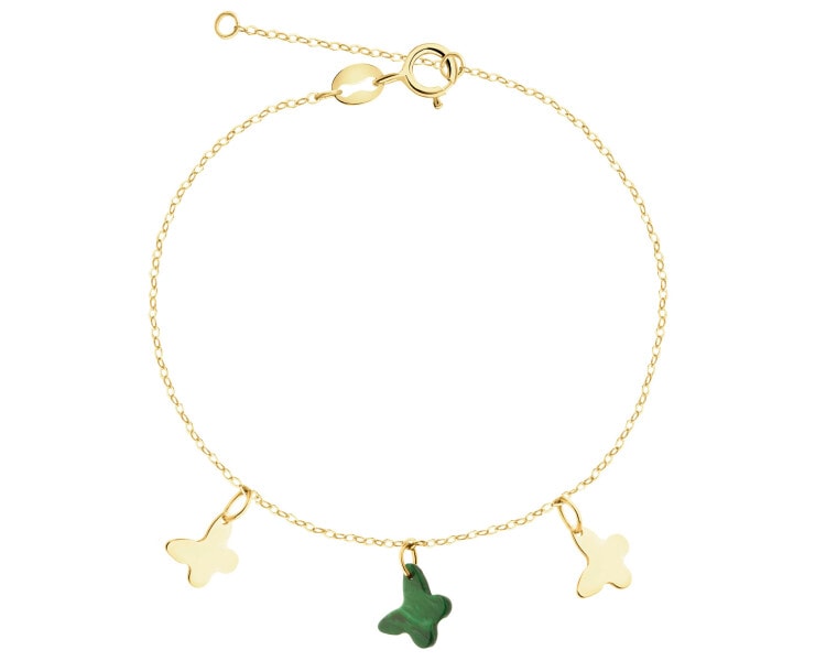 Zlatý náramek se syntetickým malachitem - motýli