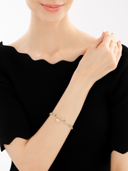 Pozlacený náramek z mosazi s prehnity a zirkony – čtyřlístek