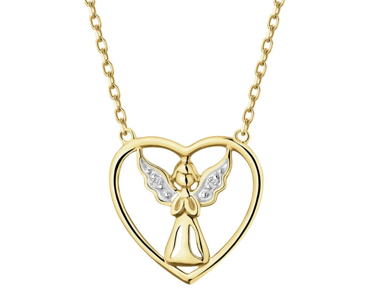 Naszyjnik z żółtego złota z diamentami - aniołek, serce - 0,006 ct - próba 375