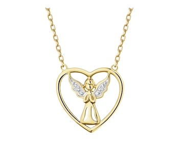 Naszyjnik z żółtego złota z diamentami - aniołek, serce - 0,006 ct - próba 375