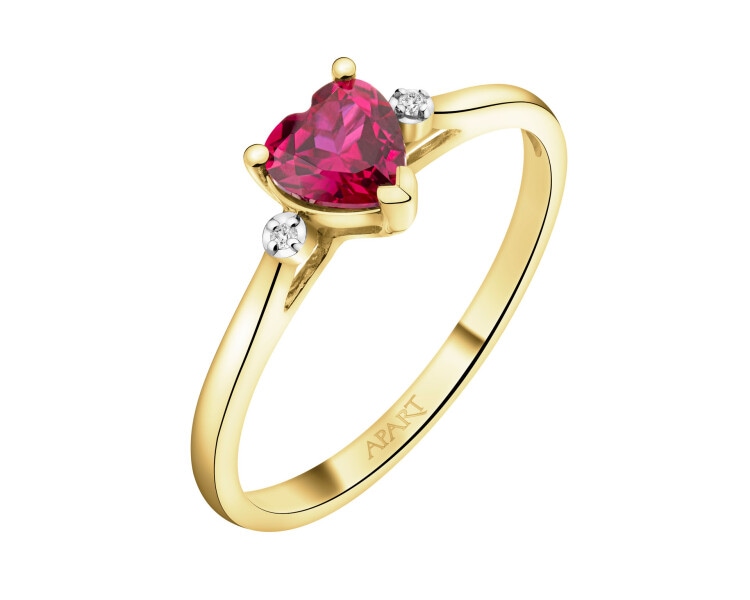 Pierścionek z żółtego złota z diamentami i rubinem syntetycznym - serce - próba 375