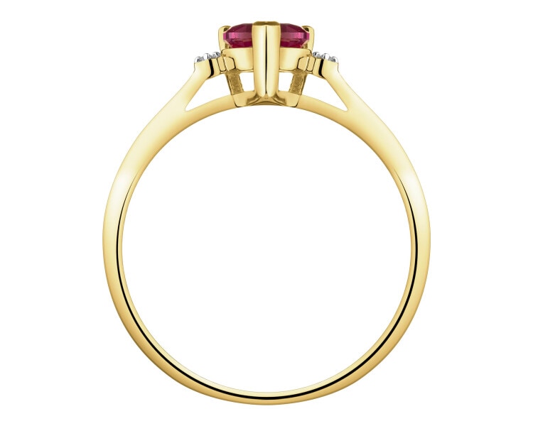 Pierścionek z żółtego złota z diamentami i rubinem syntetycznym - serce - próba 375