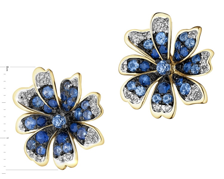 Zlaté náušnice s diamanty a safíry - květy - ryzost 585