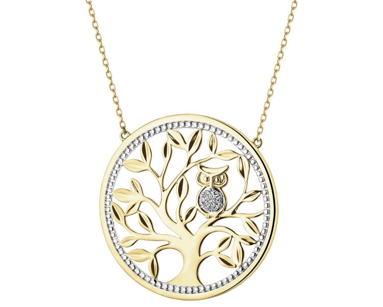 Zlatý náhrdelník s diamanty - strom, sova - 0,02 ct - ryzost 585