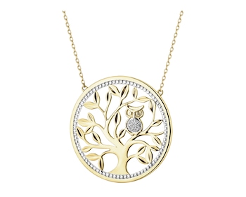 Naszyjnik z żółtego złota z diamentami - drzewko, sowa - 0,02 ct - próba 585