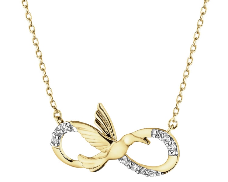Zlatý náhrdelník s diamanty - nekonečno, kolibřík - 0,05 ct - ryzost 585