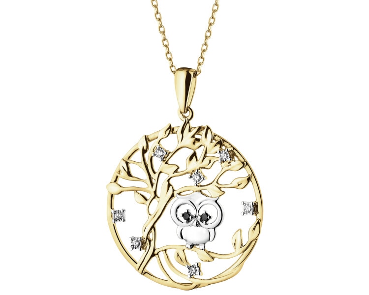 Zlatý přívěsek s diamanty - strom, sova - 0,05 ct - ryzost 585